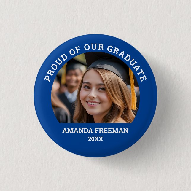 Simple Blue & White Customized Photo Graduate Button (Front)