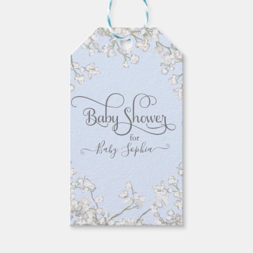 Simple Blue White Floral Script Boy Baby Shower Gift Tags