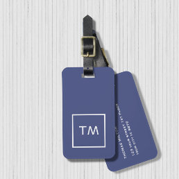 Simple Blue White Frame Bold Monogram Luggage Tag
