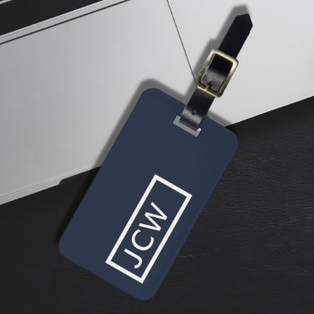 Simple Blue White Frame Bold Monogram Luggage Tag by Weaselgift at Zazzle