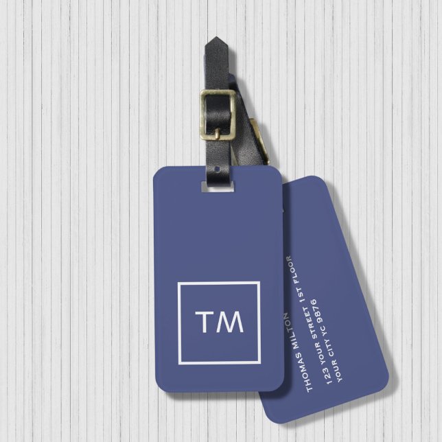 Simple Blue White Frame Bold Monogram Luggage Tag (Creator Uploaded)