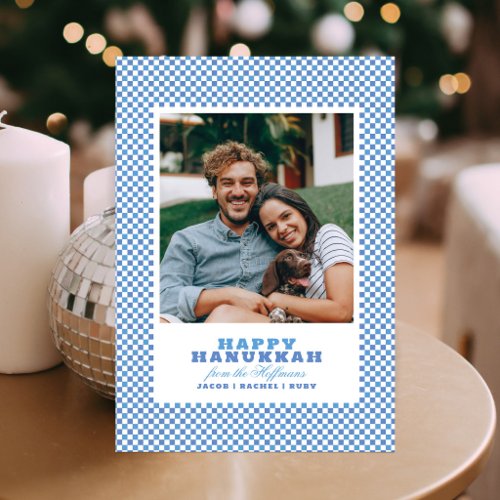 Simple Blue & White Gingham Photo Hanukkah Card