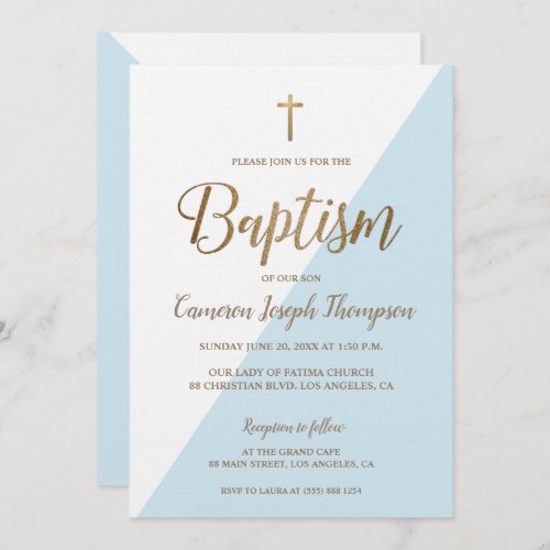 Simple Blue White Gold Modern Baptism Invitation
