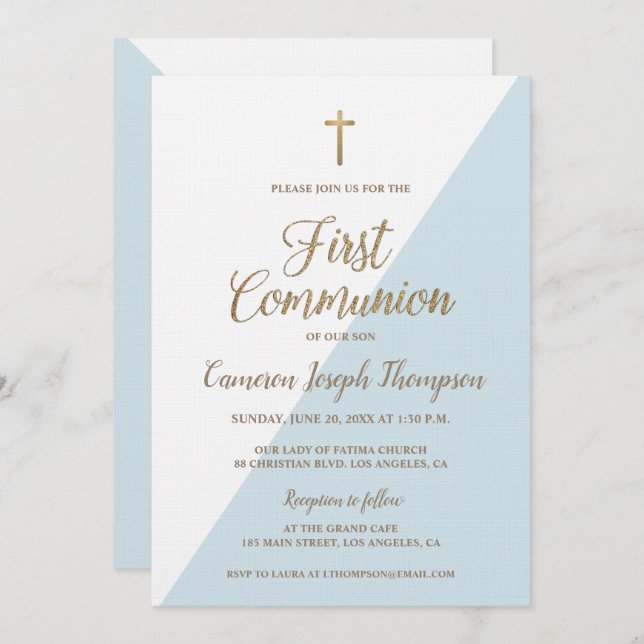 Simple Blue White Gold Modern First communion Invitation (Front/Back)