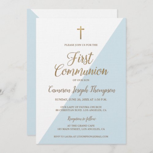 Simple Blue White Gold Modern First communion Invitation