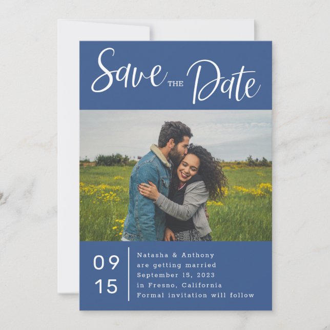 Simple Blue White Heart Photo Wedding Save The Date (Front)
