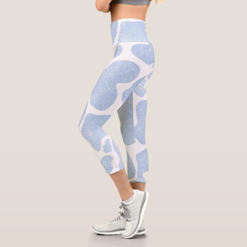 Simple Blue White Large Cow Spots Animal Pattern Capri Leggings