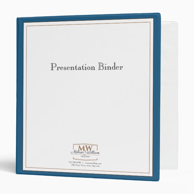 Simple Blue White Monogram Business 3 Ring Binder (Front/Inside)