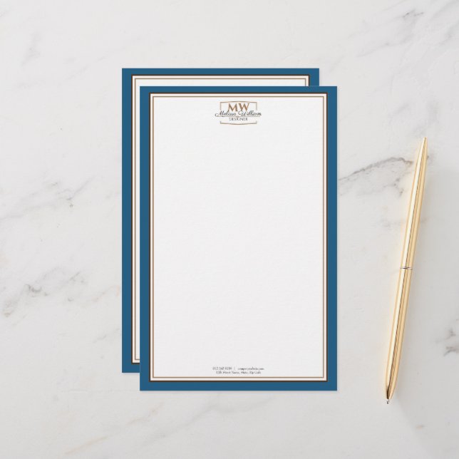 Simple Blue White Monogram Business Stationery (Front/Back In Situ)