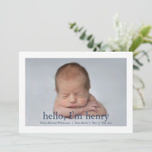 Simple Blue White Photo Birth Announcement