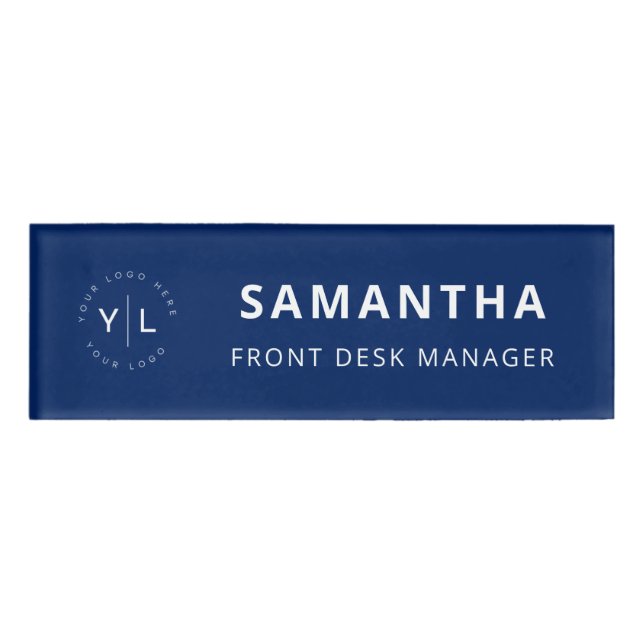 Simple Blue White Professional Employee Name Logo Tag (Front)