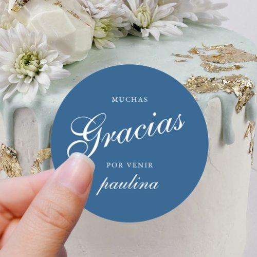 Simple Blue White Quinceaera Gracias Script Name Classic Round Sticker
