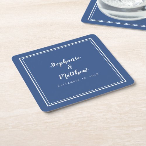 Simple Blue White Wedding Modern Minimalist Party Square Paper Coaster