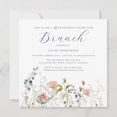 Simple Blue Wildflower 90th Birthday Brunch Invitation