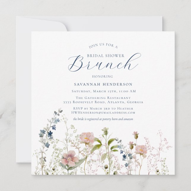 Simple Blue Wildflower Bridal Shower Brunch Invitation (Front)