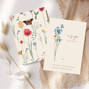 Simple Blue Wildflower Butterflies Wedding RSVP Card