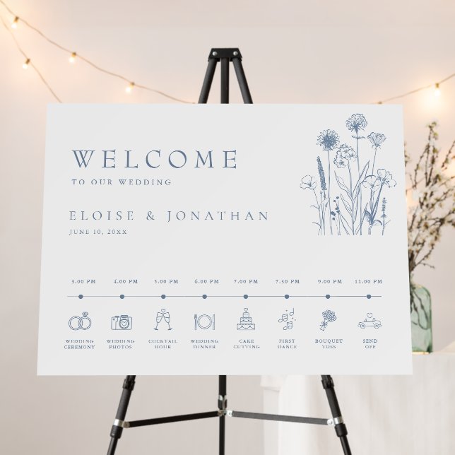 Simple Blue Wildflower Wedding Welcome Timeline Foam Board (In Situ (Stand))