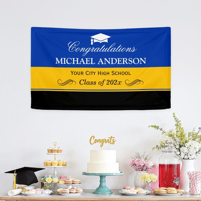 Simple Blue Yellow Black Graduation Party Banner (Creator Uploaded)