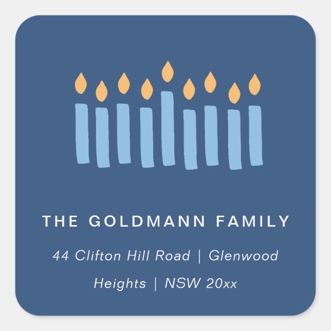 Simple Blue Yellow Candles Hanukkah Address Square Sticker (Front)