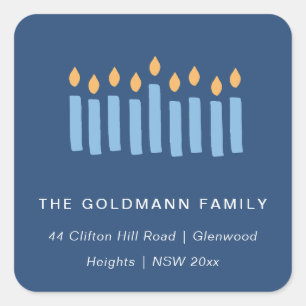 Simple Blue Yellow Candles Hanukkah Address Square Sticker