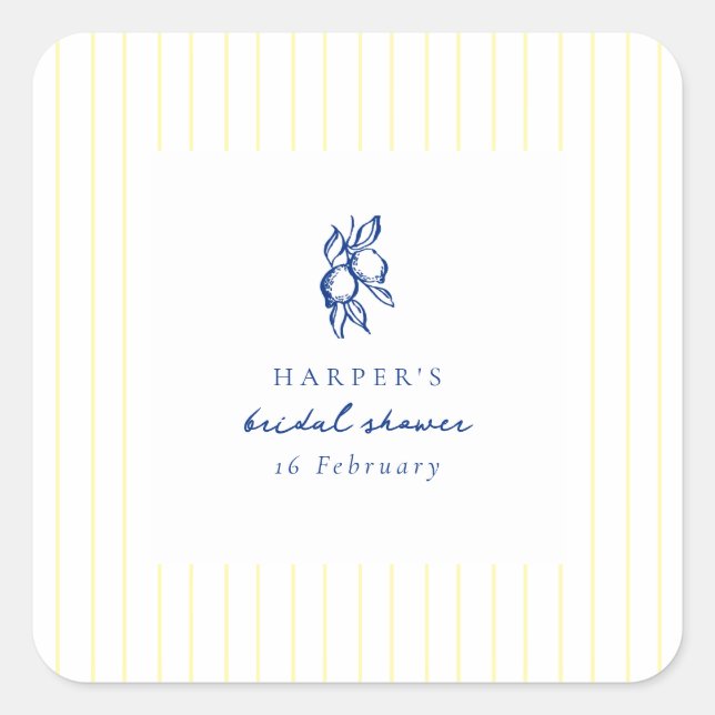 Simple Blue & Yellow Lemons Bridal Shower Favor Square Sticker (Front)