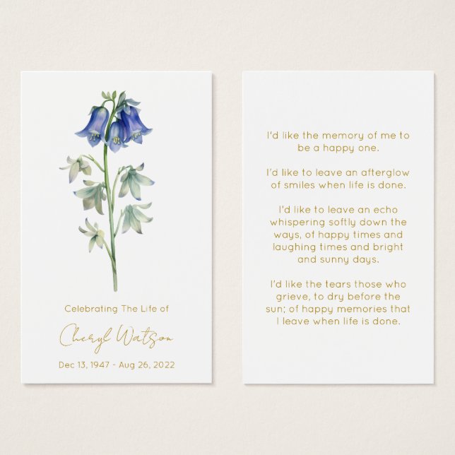Simple Bluebell Funeral Memorial Prayer Card (Front & Back)