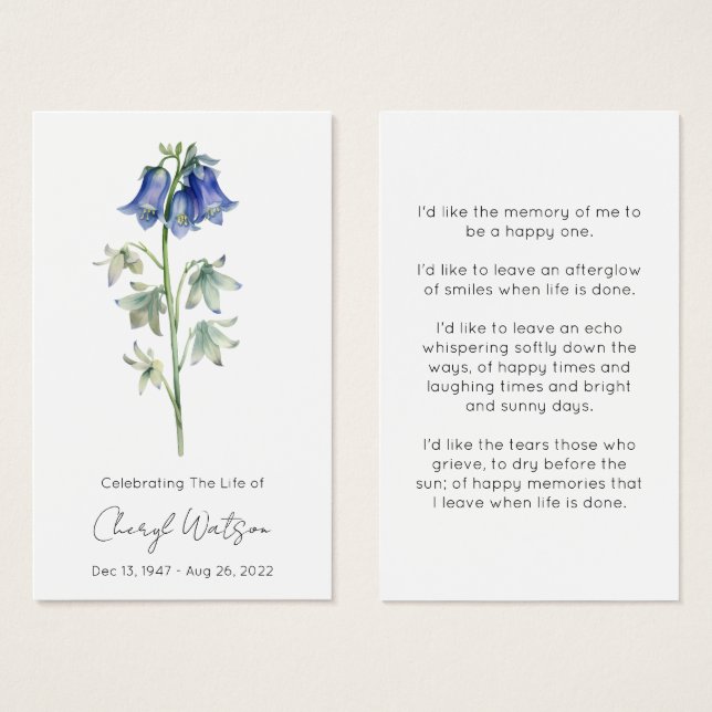 Simple Bluebell Funeral Memorial Prayer Card (Front & Back)
