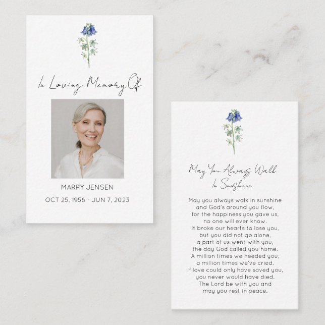 Simple Bluebell Photo Funeral Prayer Card (Front/Back)