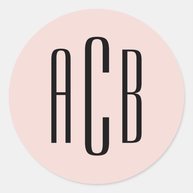 Simple Blush and Black Three Letter Monogram Classic Round Sticker (Front)