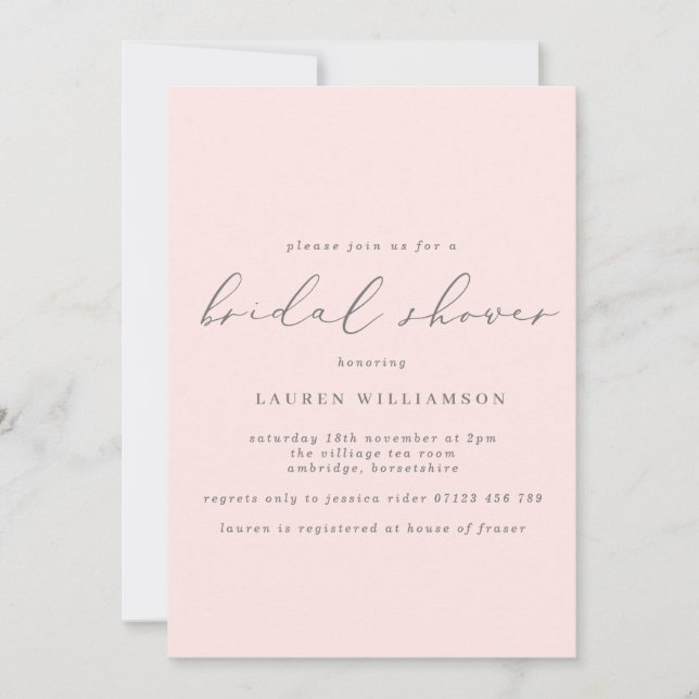 Simple Blush and Grey Calligraphy Bridal Shower Invitation (Front)