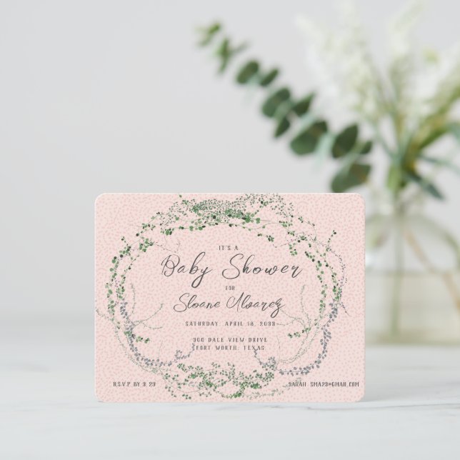 Simple Blush and Tiny Greenery QR Code Baby Shower Note Card (Standing Front)