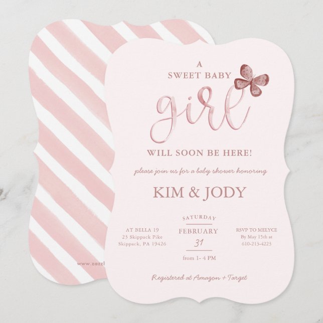Simple Blush Butterfly Baby Girl Shower  Invitation (Front/Back)