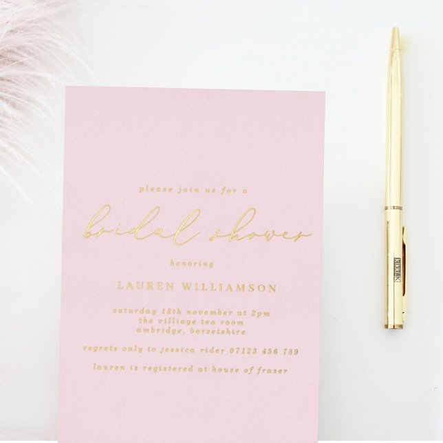 Simple Blush Calligraphy Bridal Shower Gold Foil Invitation (Creator Uploaded)