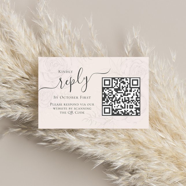 Simple Blush Calligraphy Reply QR Code Online Enclosure Card (Wedding reply enclosure card with an elegant floral transparent background.)