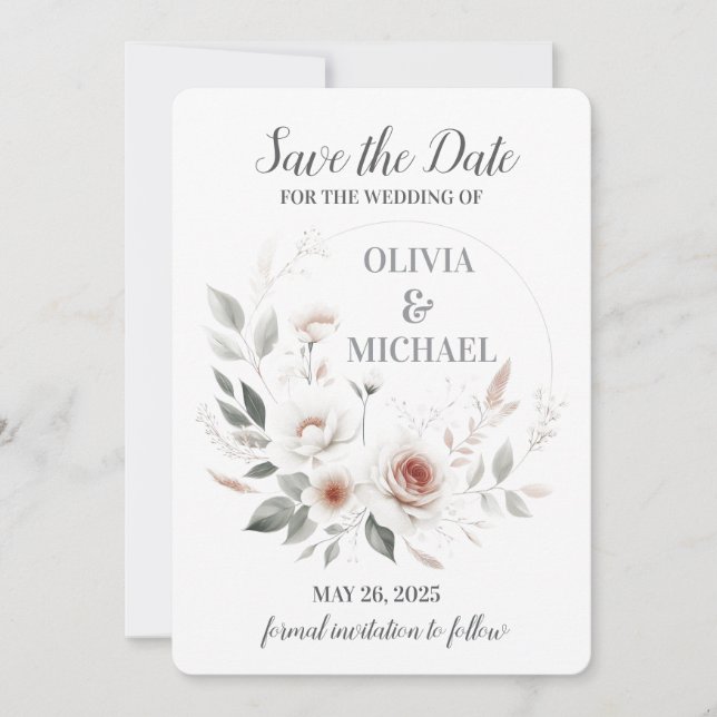 Simple Blush Floral Wedding Save The Date Card (Front)