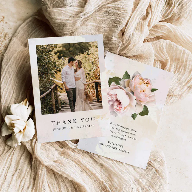 Simple Blush Flower Photo Wedding Thank You Card 