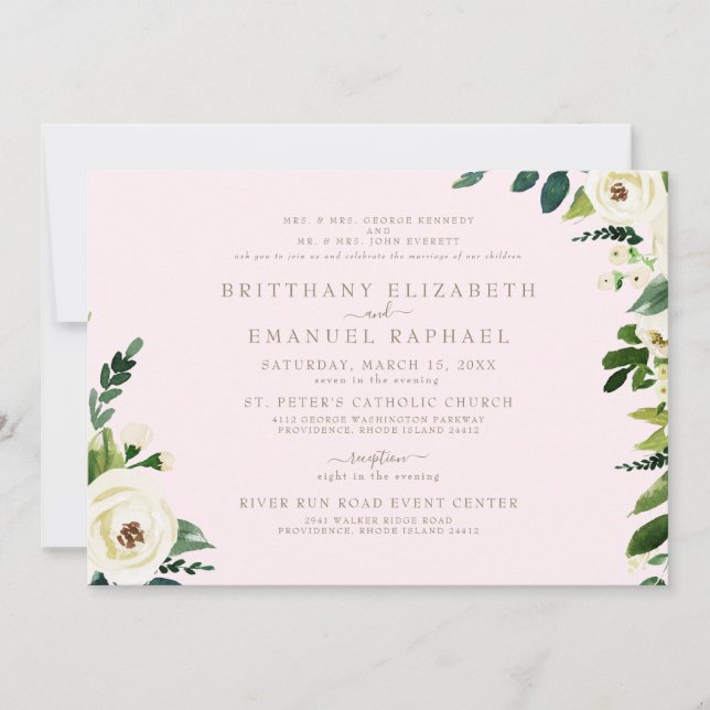 Simple Blush & Gold Floral Both Parents Wedding II Invitation (Front)