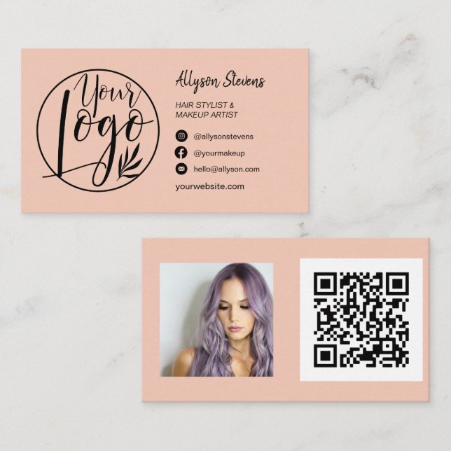 Simple blush peach hair makeup photo logo qr code business card (Front/Back)