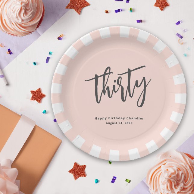 Simple Blush Pink 30th Birthday Party Paper Plates (Celebrate 30 in festive style with this custom paper plate you can personalize with your specifics.)