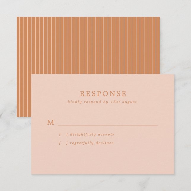 Simple Blush Pink and Terracotta Stripes Wedding RSVP Card (Front/Back)