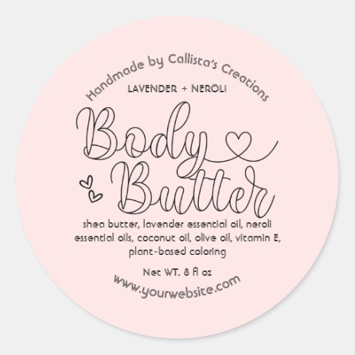 Simple Blush Pink Black Heart Handmade Body Butter Classic Round Sticker