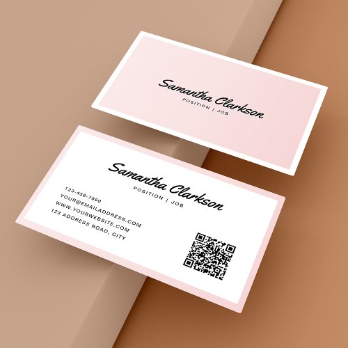 Simple Blush Pink Border Script Typography QR code Business Card