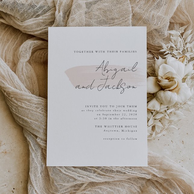 Simple Blush Pink Brush Strokes Wedding Invitation (A simple, modern invitation for a wedding with a blush pink color palette.)