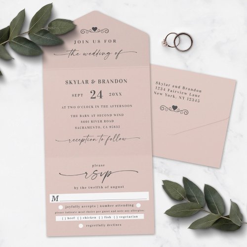 Simple Blush Pink Elegant Calligraphy Wedding All In One Invitation