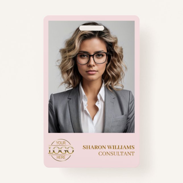Simple Blush Pink Employee Photo & Company Logo Badge (Front)