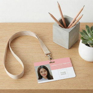 Simple Blush Pink Employee Photo ID Logo Barcode Badge