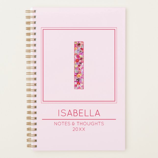 Simple Blush Pink Floral Monogram Letter I Planner (Front)