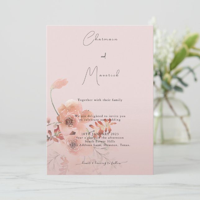 Simple Blush Pink Floral Water Color Wedding  Invitation (Standing Front)