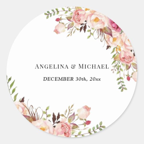 Simple Blush Pink Floral Wedding Classic Round Sticker