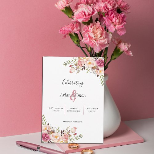 Simple Blush Pink Floral Wedding Invitation